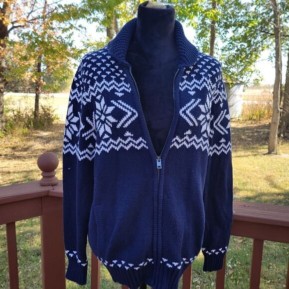 Vintage Express  Nordic Zip Sweater | Blue & White Snowflake Knit | Size Medium - Picture 2 of 15